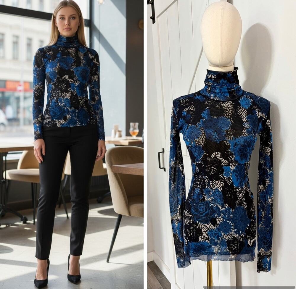 FUZZI Jean Paul Gaultier Size L Mesh Turtleneck Top Floral Blue Made In Italy